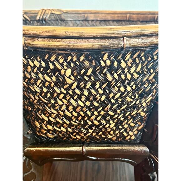 Rattan & Bamboo Basket Planter-Vintage Asian Hand-Woven-Wood Stand-Boho-Storage - Picture 6 of 7
